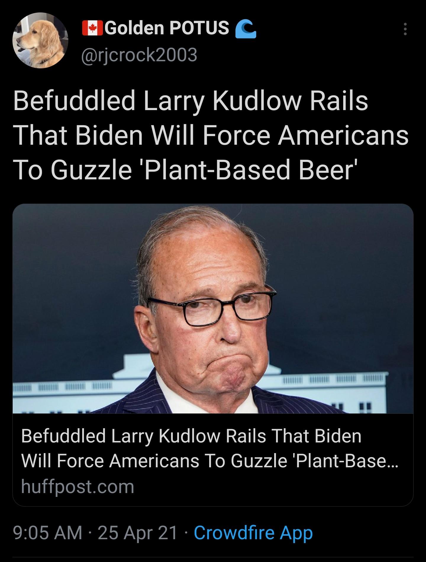 A Golden POTUS C Igeigeol PAV0K S110 e o To M 14 oA VLo oA RETI S That Biden Will Force Americans To Guzzle Plant Based Beer IETEAN Befuddled Larry Kudlow Rails That Biden Will Force Americans To Guzzle Plant Base huffpostcom CHORWAY IEASWAo 72 IEN O 01 WV o o
