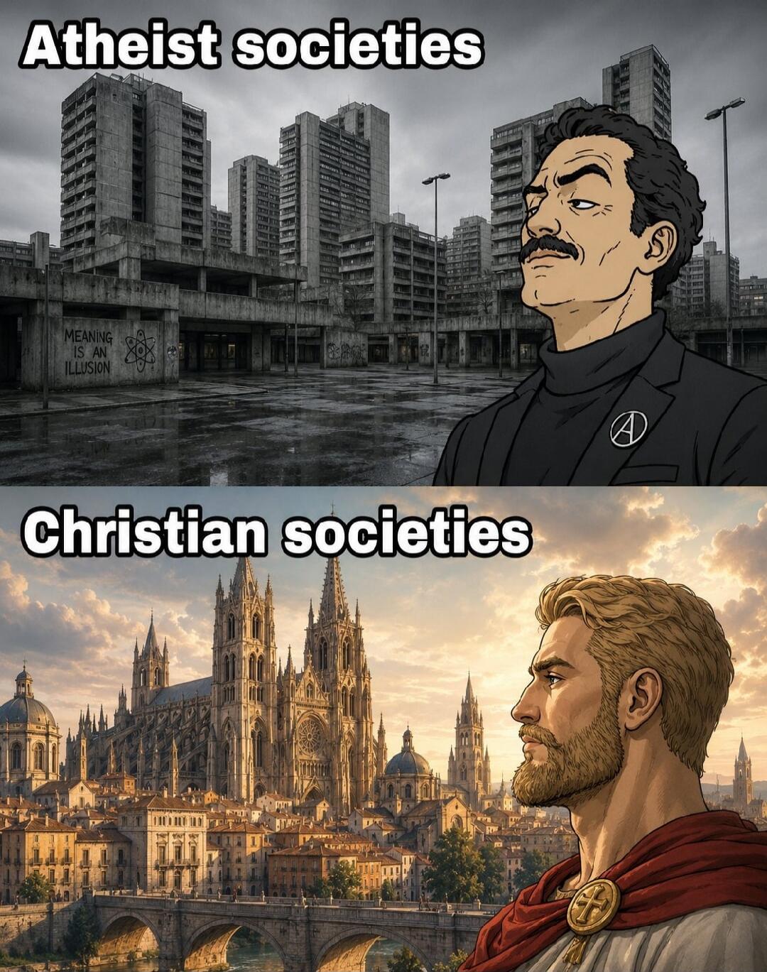Atheist societies MEANING IS AN ILLUSION Christian societies