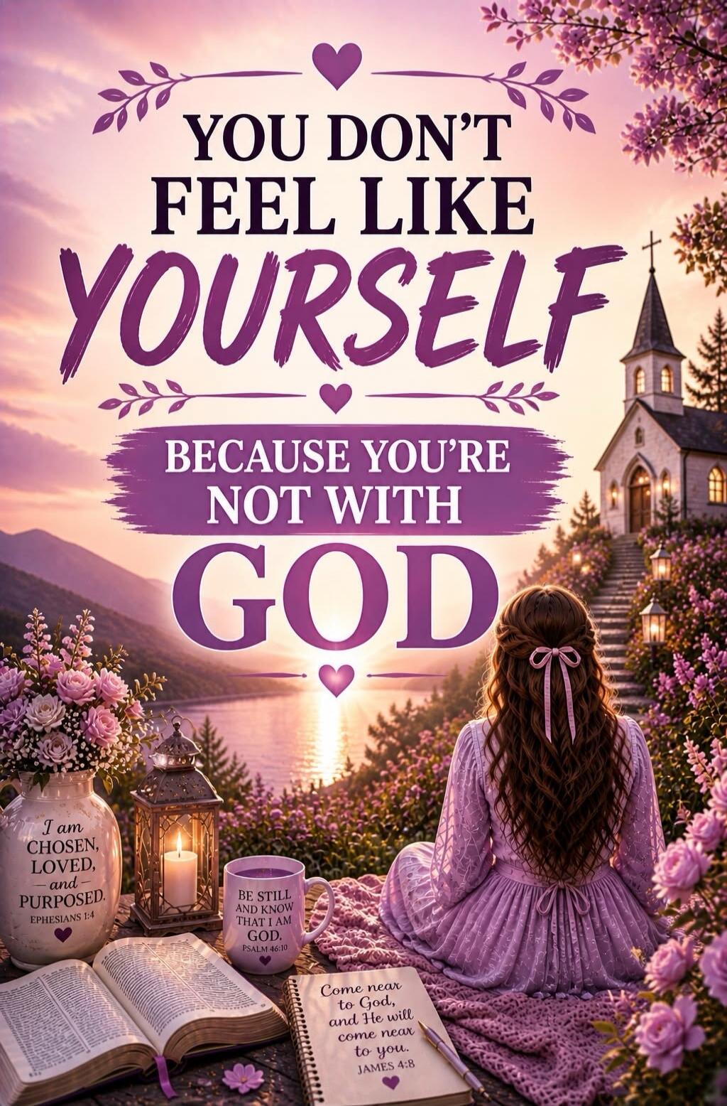 YOU DON'T FEEL LIKE YOURSELF BECAUSE YOU'RE NOT WITH GOD. I am CHOSEN, LOVED, -and- PURPOSED. EPHESIANS 1:4. BE STILL AND KNOW THAT I AM GOD. PSALM 46:10. Come near to God, and He will come near to you. JAMES 4:8.