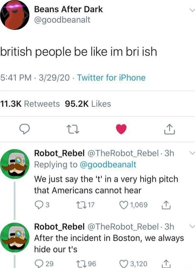 Beans After Dark goodbeanalt british people be like im briish 541 PM 32920 Twitter for iPhone 113K Retweets 952K Likes T L Robot_Rebel TheRobot_Rebel 3h Replying to goodbeanalt We just say the t in a very high pitch that Americans cannot hear Q3 7 Q1069 1 Robot_Rebel TheRobot_Rebel 3h After the incident in Boston we always hide our ts Q29 1196 3120 M