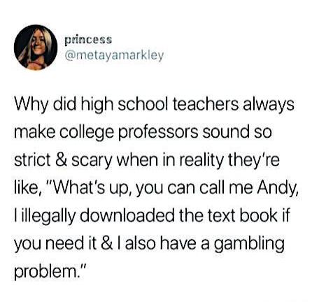 princess metayamarkley Why did high school teachers always make college professors sound so strict scary when in reality theyre like Whats up you can call me Andy lillegally downloaded the text book if you need it also have a gambling problem