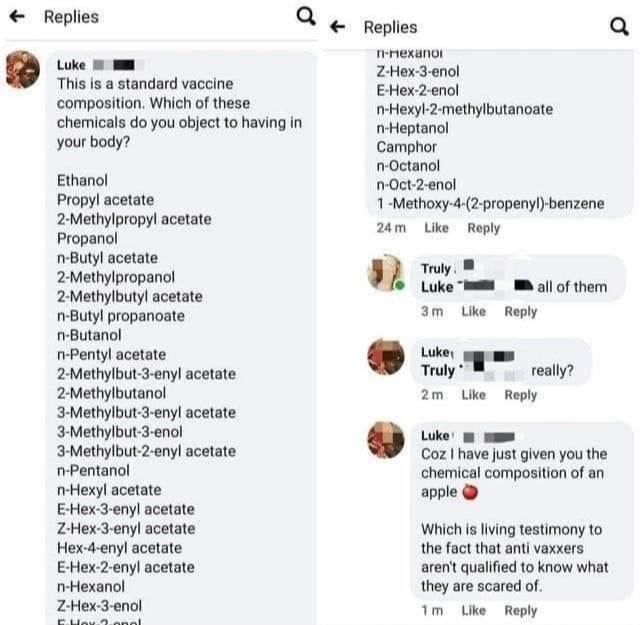 Rephes Q eples ke Zhox3enol This s standard vaccine EHex2endl compositon Wrich f hese Heay 2 methylbutanoate chemicals do you bject 1o having n it Sy your body Comphor noctanal Ethanol noctZenol Propyl acetate 1 Methosy 42 propeny benzene 2Methlpropyl acsate il i Propanol Bt acetate o 2Methipropancl 2Methybury cetate GRS Pl ot Bty propancate I O oy utanol Pentylacetate 2Methylbut ey acetate Ty rea