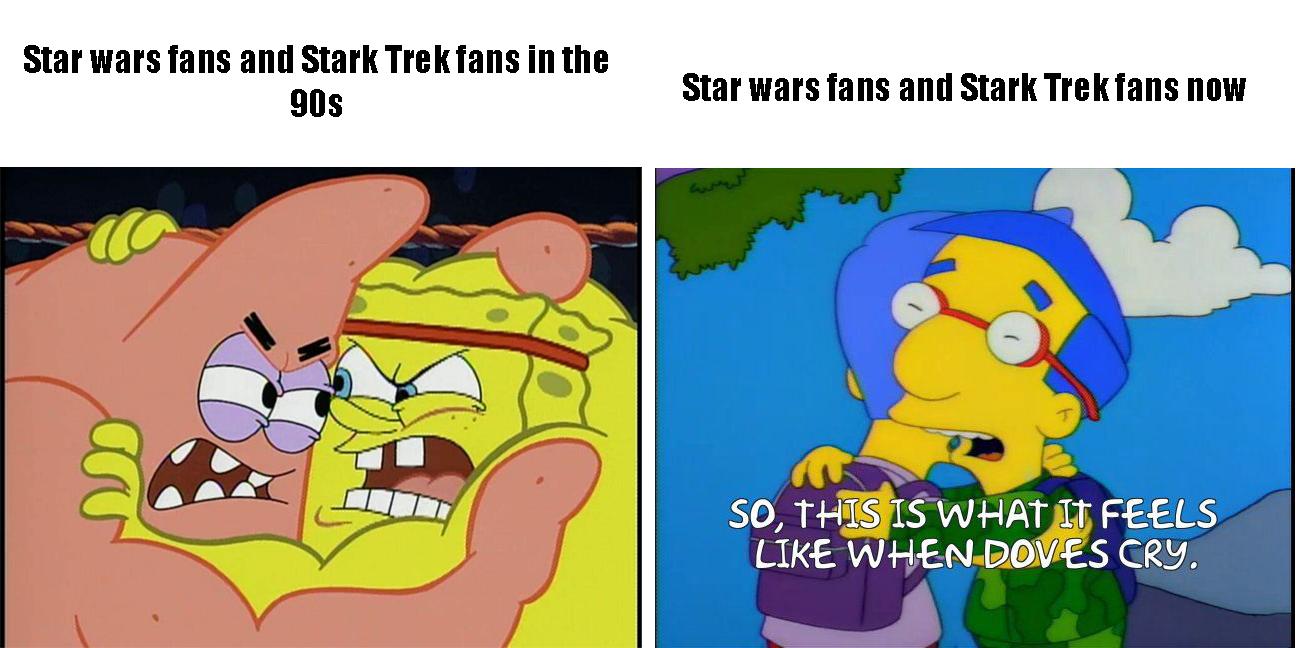 Star wars fans and Stark Trek fans in the 90s Star wars fans and Stark Trek fans now A SO THISIIS WHAT I FEELS LIKE WHEN DOVES CRY