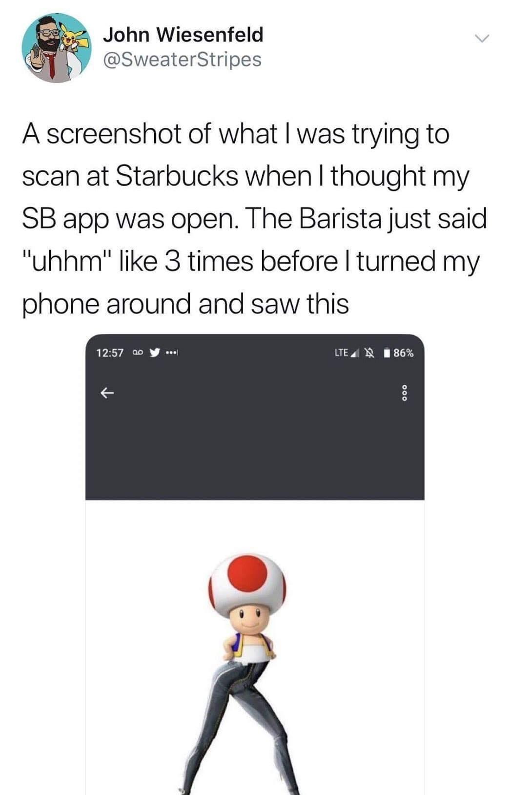22 John Wiesenfeld SweaterStripes A screenshot of what was trying to scan at Starbucks when thought my SB app was open The Barista just said uhhm like 3 times before turned my phone around and saw this 1257 0o W LTE4 N W86 e