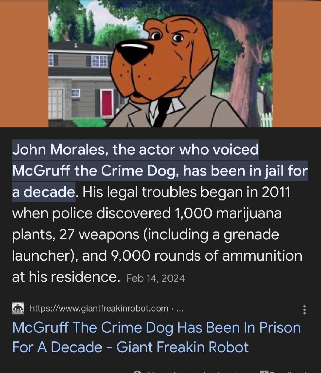 8 3 e T a A 14 SLzd0 S4aN John Morales the actor who voiced McGruff the Crime Dog has been in jail for adecade His legal troubles began in 2011 when police discovered 1000 marijuana plants 27 weapons including a grenade launcher and 9000 rounds of ammunition at his residence reb 142024 B htpsiwwwgiantfreakinrobotcom McGruff The Crime Dog Has Been In Prison For A Decade Giant Freakin Robot