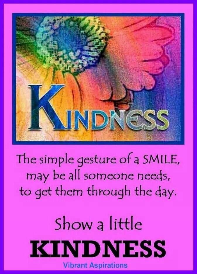 KINDNESS. The simple gesture of a SMILE, may be all someone needs, to get them through the day. Show a little KINDNESS. Vibrant Aspirations.