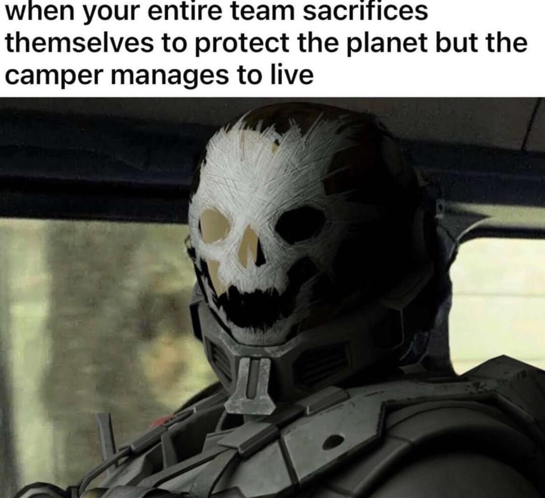 when your entire team sacrifices themselves to protect the planet but the camper manages to live