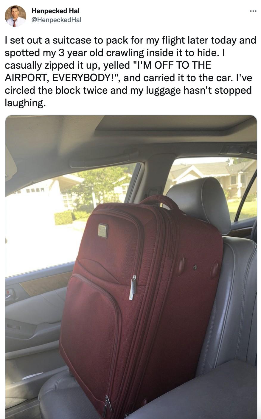 Henpecked Hal HenpeckedHal set out a suitcase to pack for my flight later today and spotted my 3 year old crawling inside it to hide casually zipped it up yelled IM OFF TO THE AIRPORT EVERYBODY and carried it to the car ve circled the block twice and my luggage hasnt stopped laughing