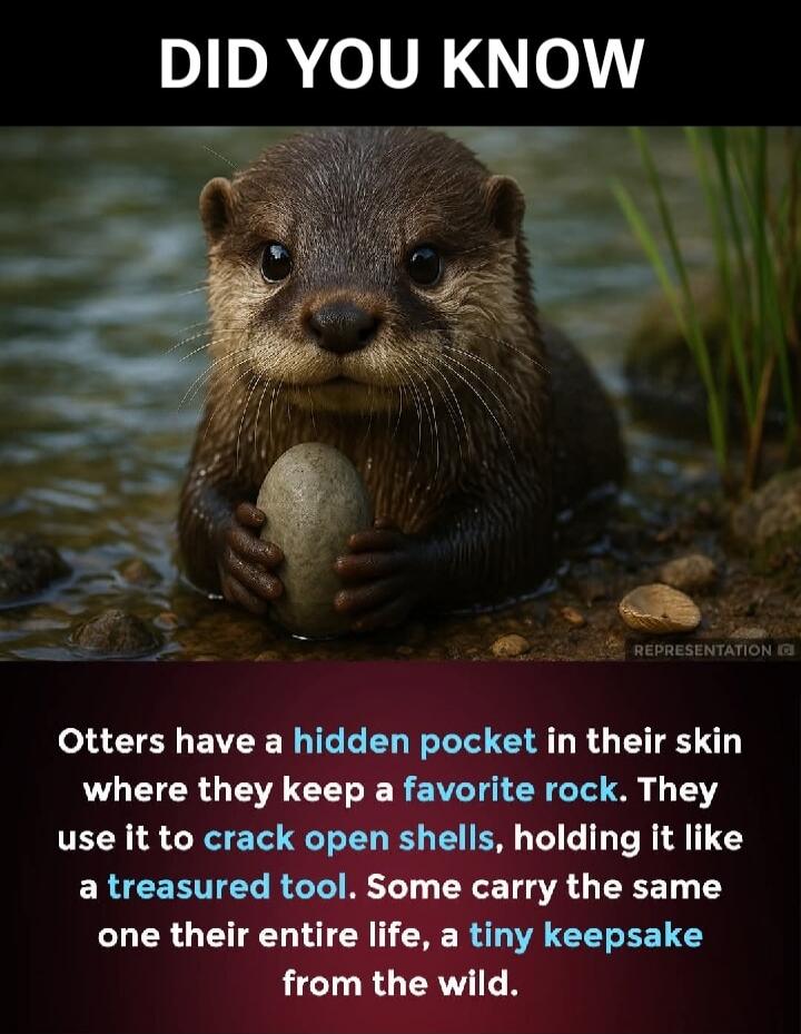 DID YOU KNOW Otters have a hidden pocket in their skin where they keep a favorite rock. They use it to crack open shells, holding it like a treasured tool. Some carry the same one their entire life, a tiny keepsake from the wild.