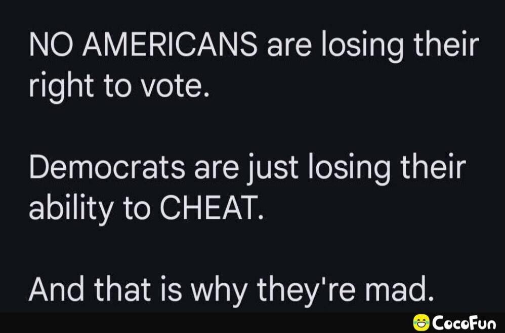 NO AMERICANS are losing their right to vote. Democrats are just losing their ability to CHEAT. And that is why they're mad.