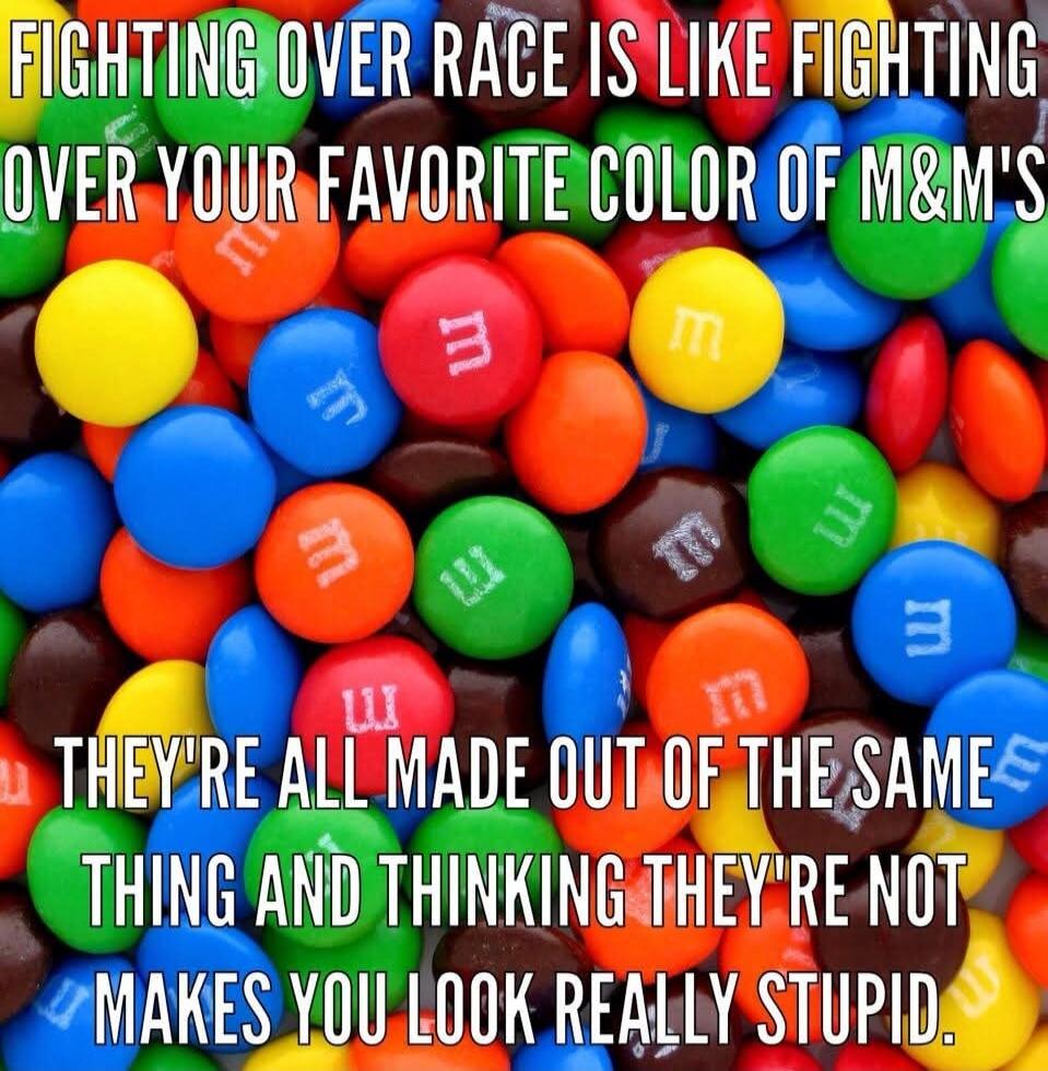 Fighting over race is like fighting over your favorite color of M&M's\nThey're all made out of the same thing and thinking they're not makes you look really stupid.