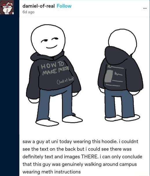 damiel of real Follow saw a guy at uni today wearing this hoodie i couldnt see the text on the back but i could see there was definitely text and images THERE i can only conclude that this guy was genuinely walking around campus wearing meth instructions