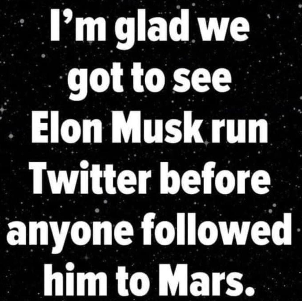 mglad we gottosee Elon Musk run Twitter before anyone followed him to Mars