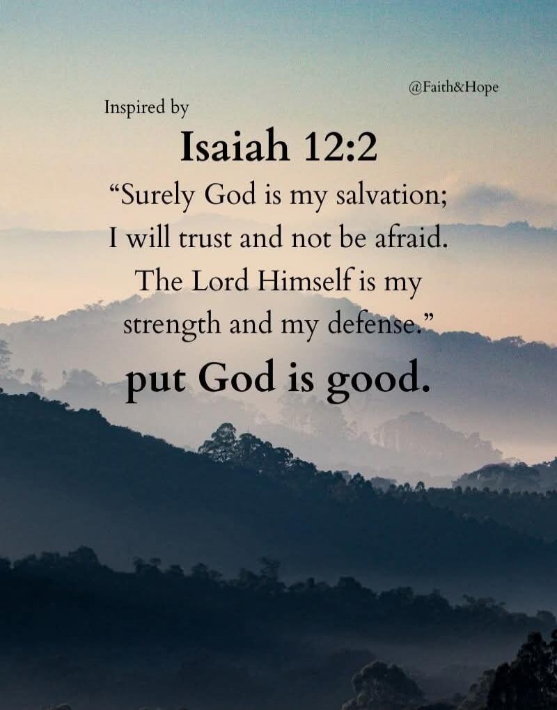 Inspired by Isaiah 12:2
“Surely God is my salvation; I will trust and not be afraid. The Lord Himself is my strength and my defense.”
put God is good.