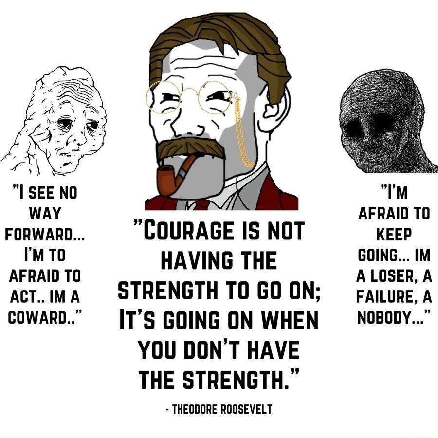 I SEE NO WAY FORWARD ImTo AFRAID TO ACTIM A COWARD COURAGE IS NOT HAVING THE STRENGTH TO GO ON ITS GOING ON WHEN YOU DONT HAVE THE STRENGTH THEODORE RODSEVELT Im AFRAID TO KEEP GOING IM A LOSER A FAILURE A NOBODY