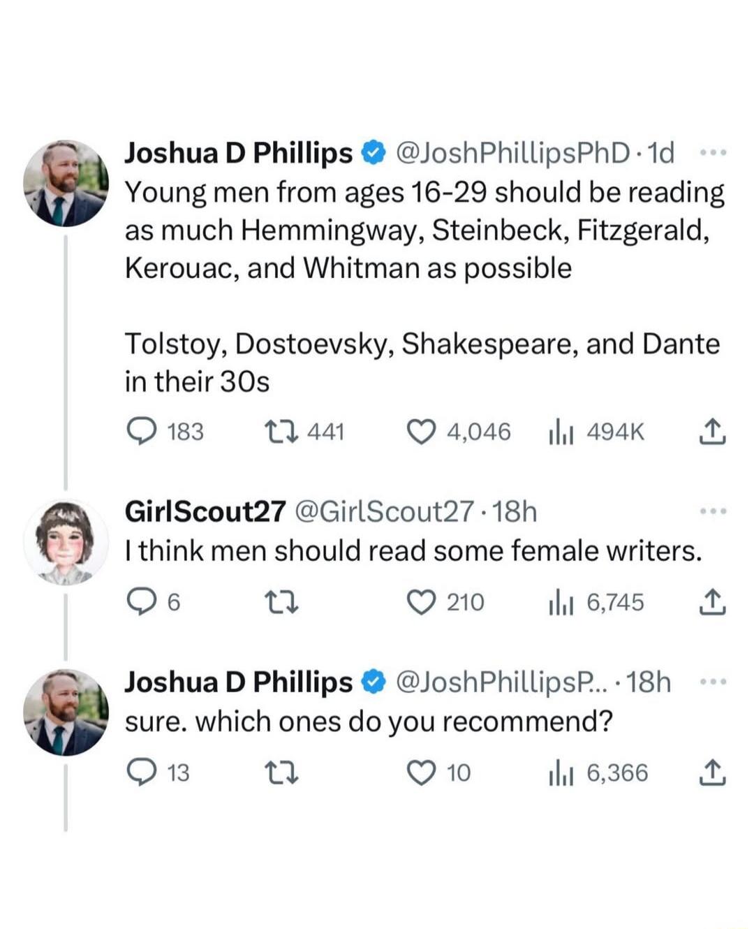 Joshua D Phillips: Young men from ages 16-29 should be reading as much Hemingway, Steinbeck, Fitzgerald, Kerouac, and Whitman as possible. Tolstoy, Dostoevsky, Shakespeare, and Dante in their 30s. GirlScout27: I think men should read some female writers. Joshua D Phillips: Sure. Which ones do you recommend?