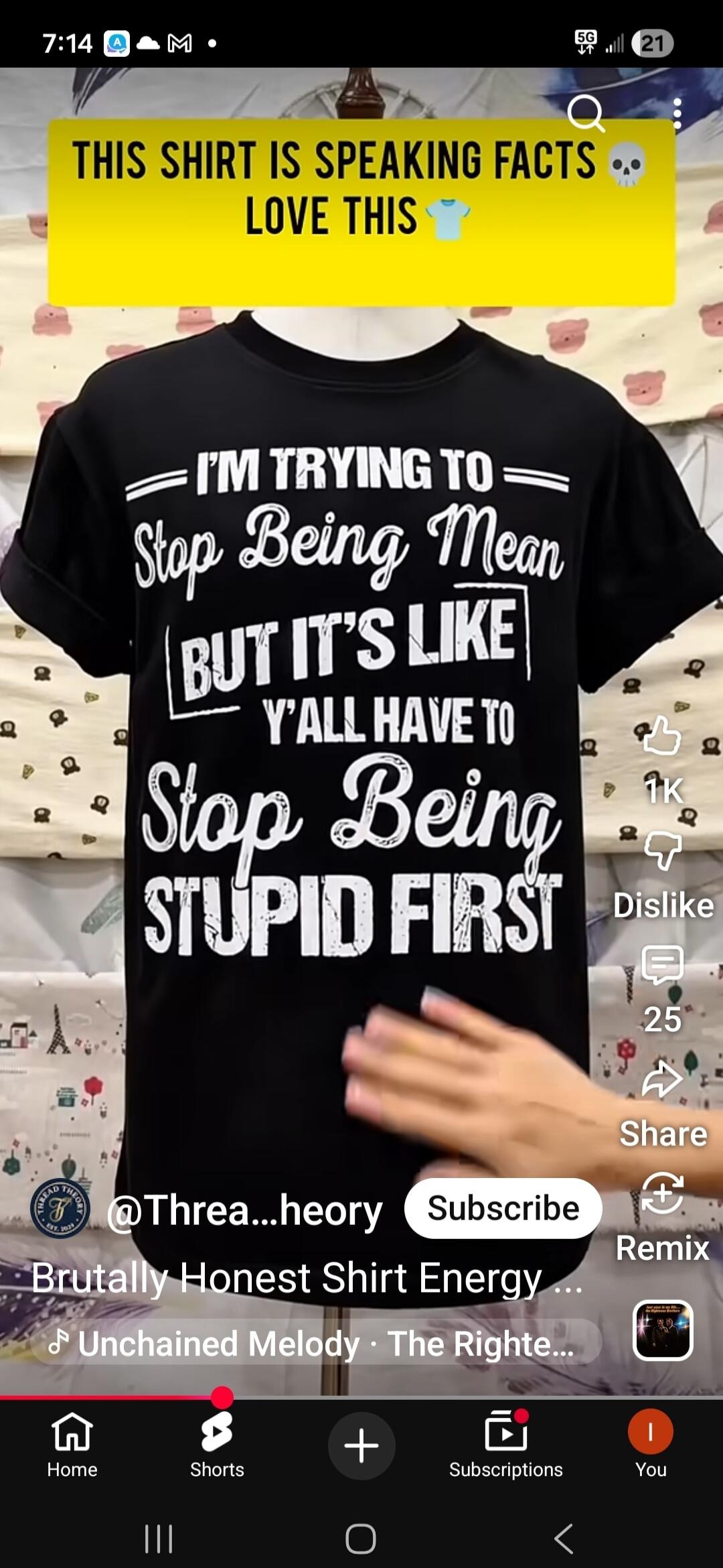 This shirt is speaking facts, love this. The shirt says: 'I'm trying to stop being mean, but it's like y'all have to stop being stupid first.' The video title is 'Brutally Honest Shirt Energy'.