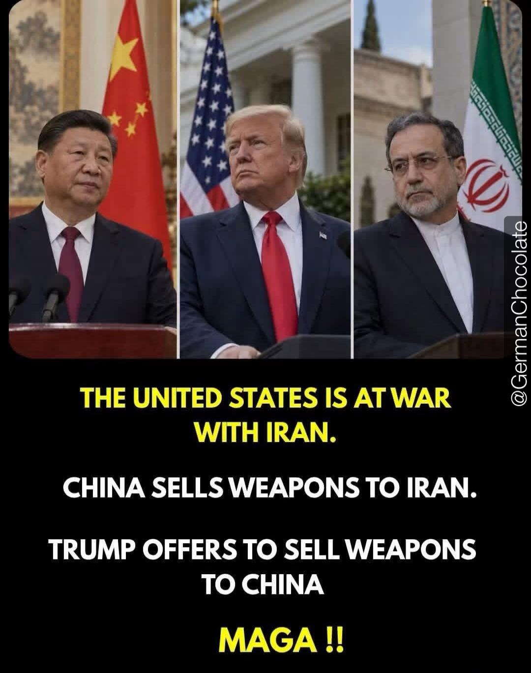 THE UNITED STATES IS AT WAR WITH IRAN. CHINA SELLS WEAPONS TO IRAN. TRUMP OFFERS TO SELL WEAPONS TO CHINA MAGA !!