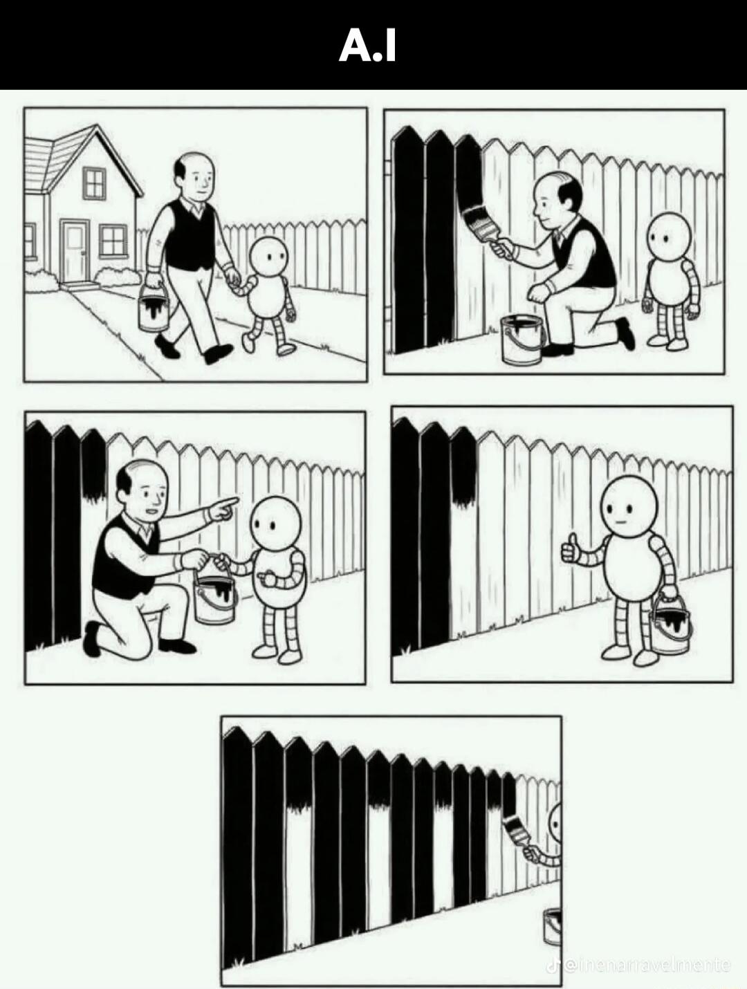 A.I. A man and a small robot-like figure approach a white picket fence. The man starts painting the fence black. He then hands the paint bucket and brush to the robot, instructing it to continue. The robot gives a thumbs-up and proceeds to paint the fence in an alternating black and white pattern, interpreting the instruction 'paint the fence black