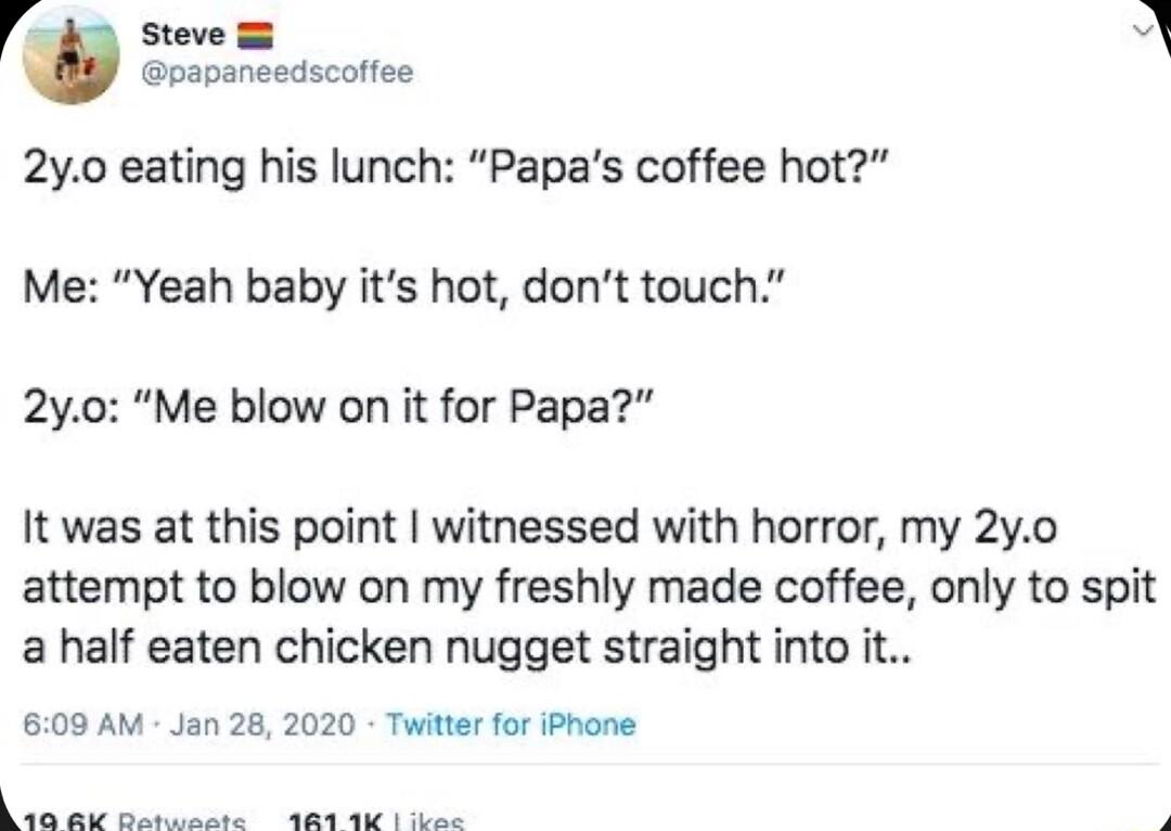 g Steve papaneedscoffee 2y0 eating his lunch Papas coffee hot Me Yeah baby its hot dont touch 2y0 Me blow on it for Papa It was at this point witnessed with horror my 2y0 attempt to blow on my freshly made coffee only to spit a half eaten chicken nugget straight into it 609 AM Jan 28 2020 Twitter for iPhone e s