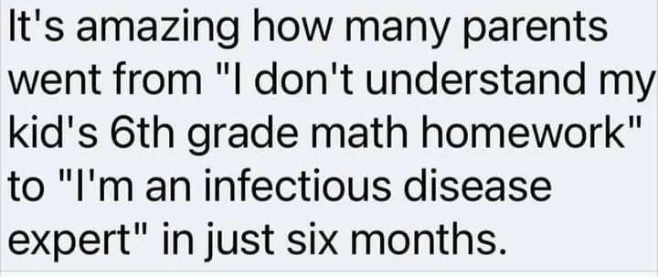 Its amazing how many parents went from l dont understand my kids 6th grade math homework to Im an infectious disease expert in just six months