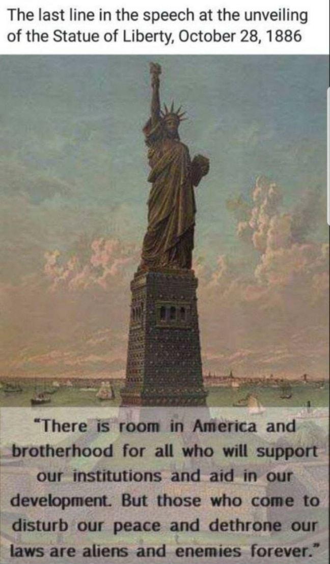 The last line in the speech at the unveiling of the Statue of Liberty October 28 1886