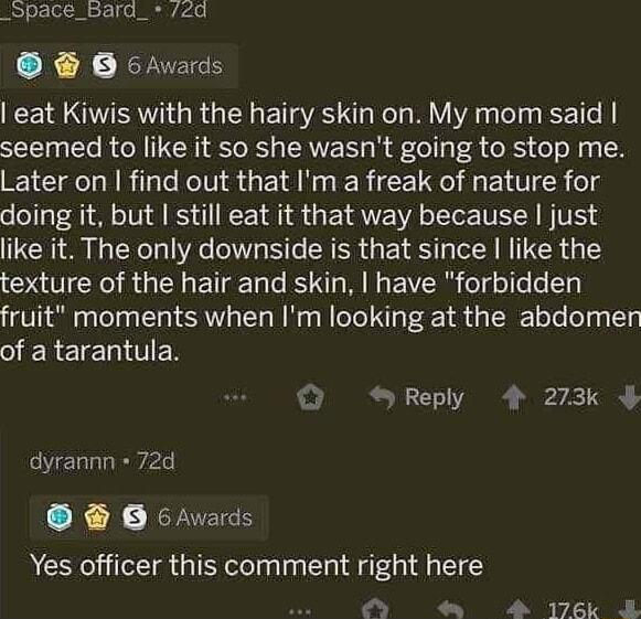 opace_bard_ 2d B cAvards eat Kiwis with the hairy skin on My mom said seemed to like it so she wasnt going to stop me IR Ko S N R CE ORI EIT G g doing it but still eat it that way because just like it The only downside is that since like the LI RGN ETEN R R EVERS olgelles fruit moments when Im looking at the abdomen gEhelclindiE o Reply 4 273k dyrannn 72d o RN NVEIRH Yes officer this comment right