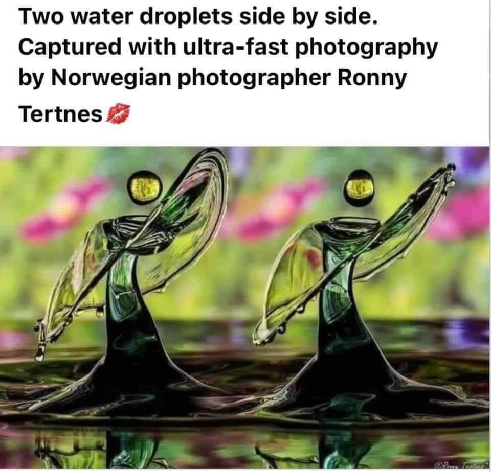 Two water droplets side by side Captured with ultra fast photography by Norwegian photographer Ronny Tertnes