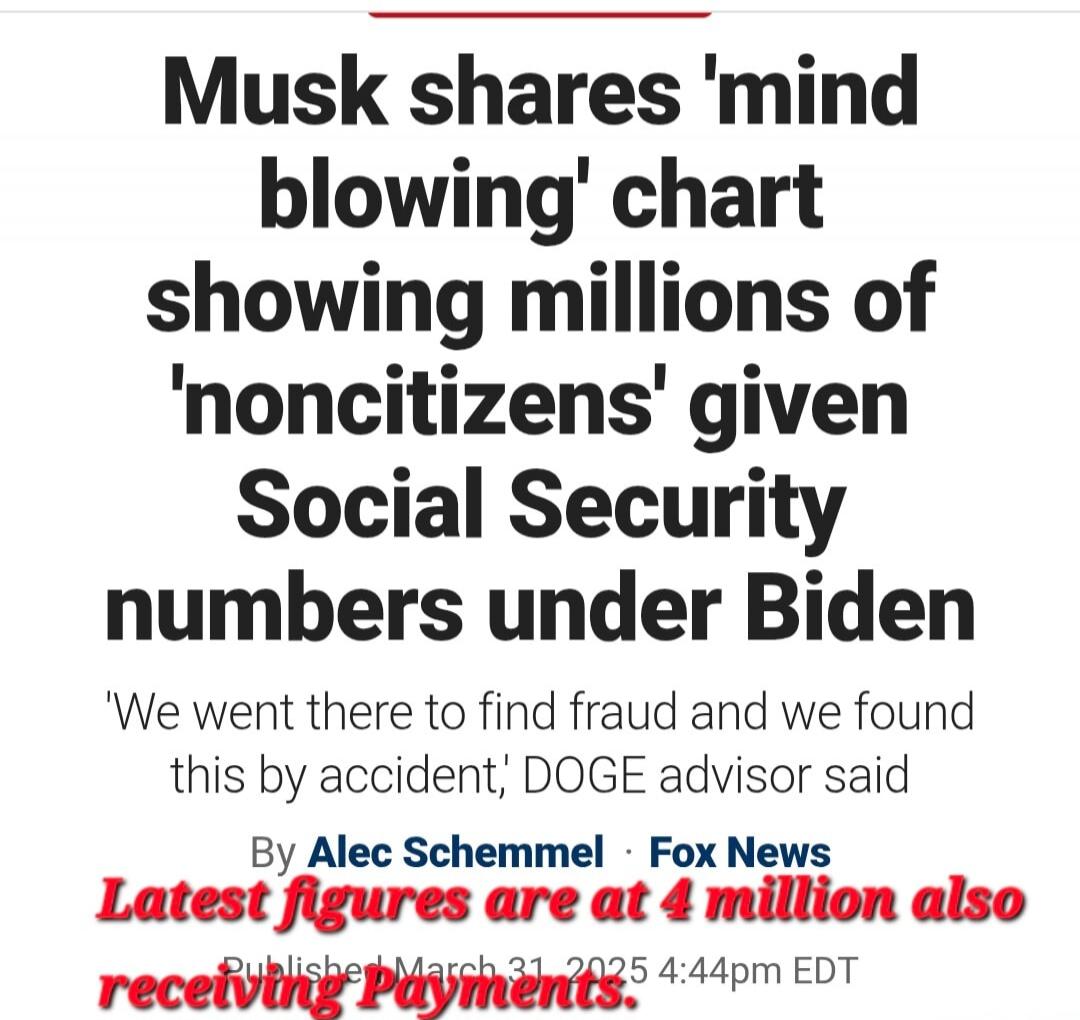 Musk shares 'mind blowing' chart showing millions of 'noncitizens' given Social Security numbers under Biden. 'We went there to find fraud and we found this by accident,' DOGE advisor said. By Alec Schemmel Fox News Latest figures are at 4 million also receiving Payments.