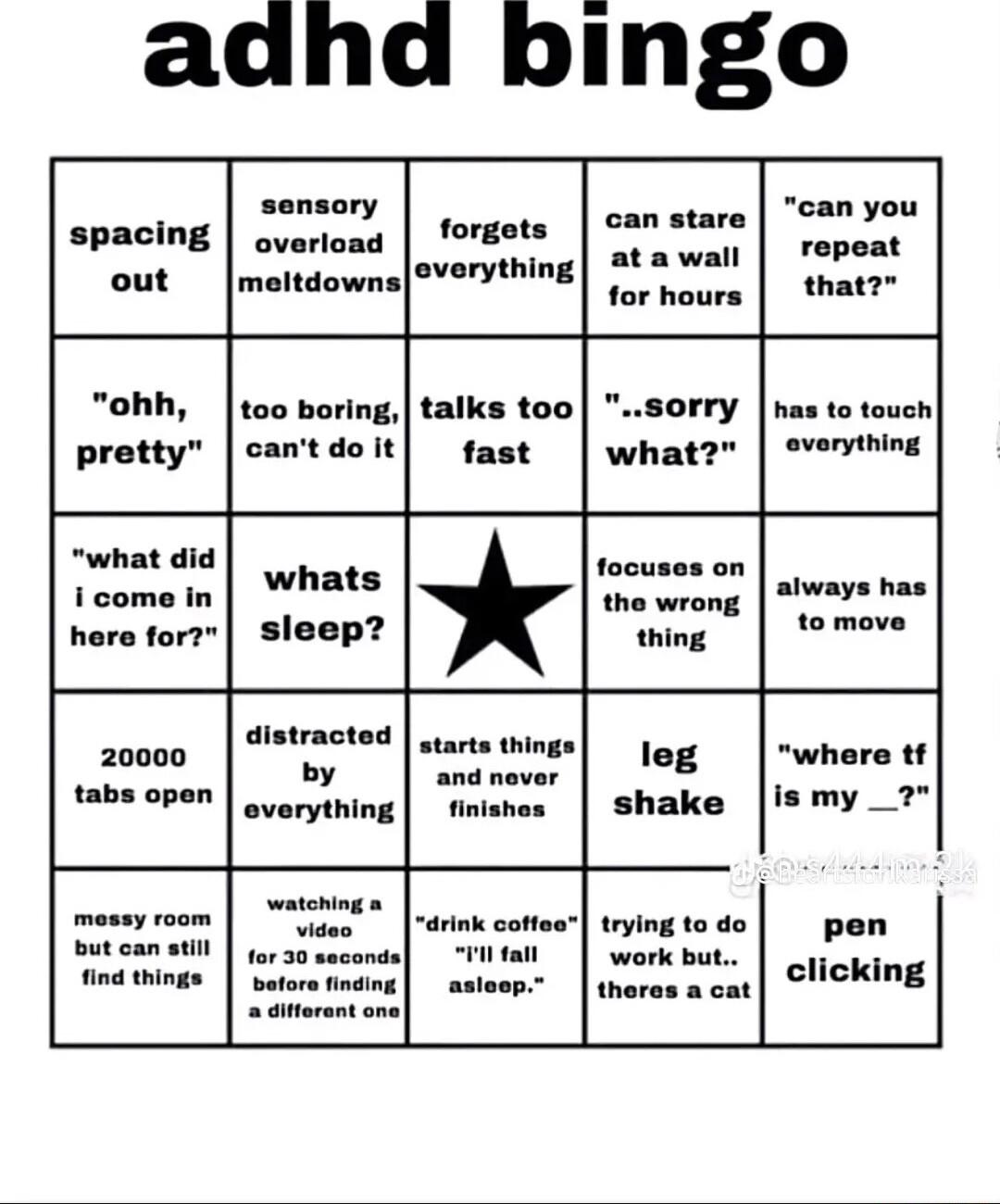 adhd bingo sansory can stare can you SPacing overioad forsots AR out meltdownsverything bl for hours that ohh too boring talks too has to touch pretty cantdoit fast averything what did focuses on icomain Whats the wrong ey has hore forr sleep e to move stracted 20000 Aetmcte where tf tabs opon L 0 ismy_7 e pen Sore i e bt clicking