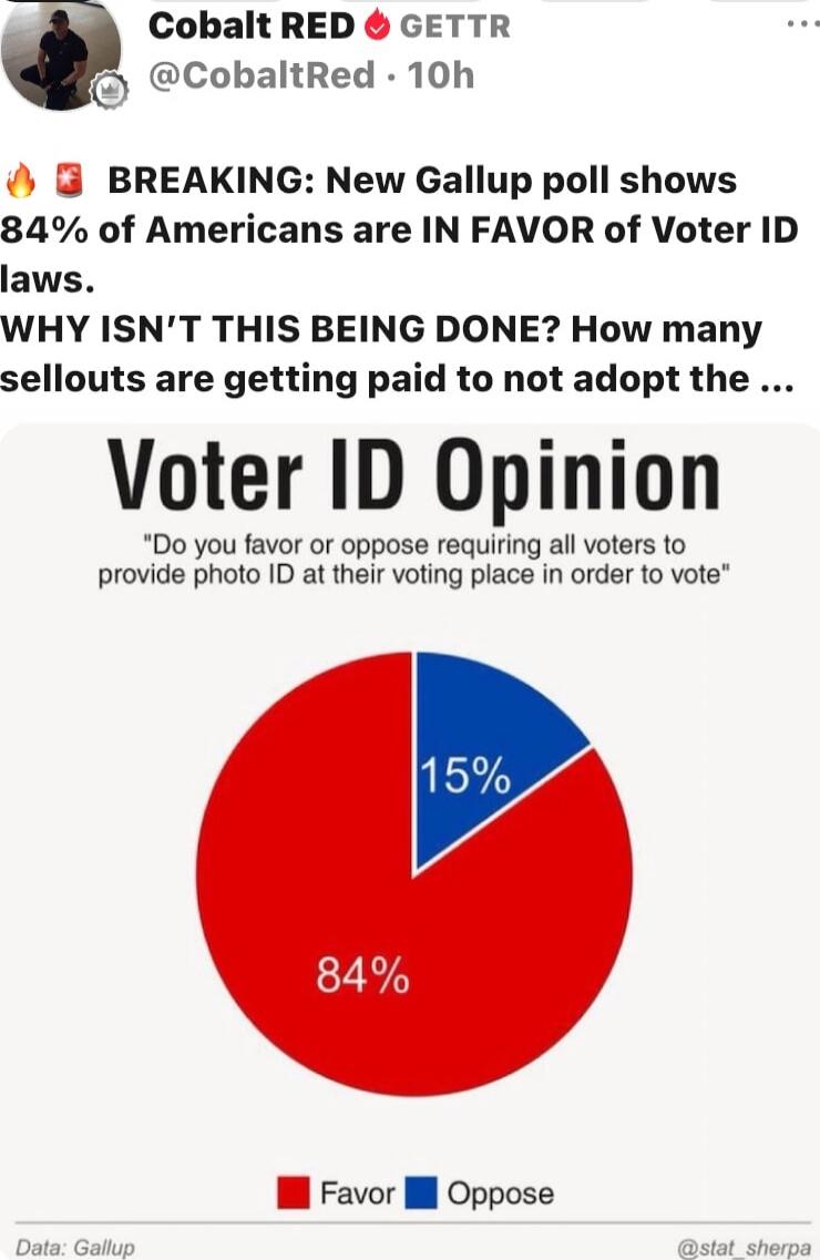 🔥 🔥 BREAKING: New Gallup poll shows 84% of Americans are IN FAVOR of Voter ID laws. WHY ISN'T THIS BEING DONE? How many sellouts are getting paid to not adopt the ...

Voter ID Opinion
