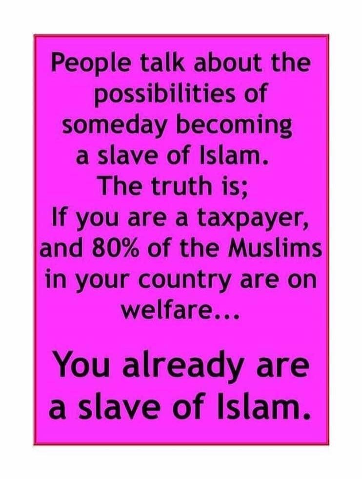 People talk about the possibilities of someday becoming a slave of Islam. The truth is; If you are a taxpayer, and 80% of the Muslims in your country are on welfare... You already are a slave of Islam.