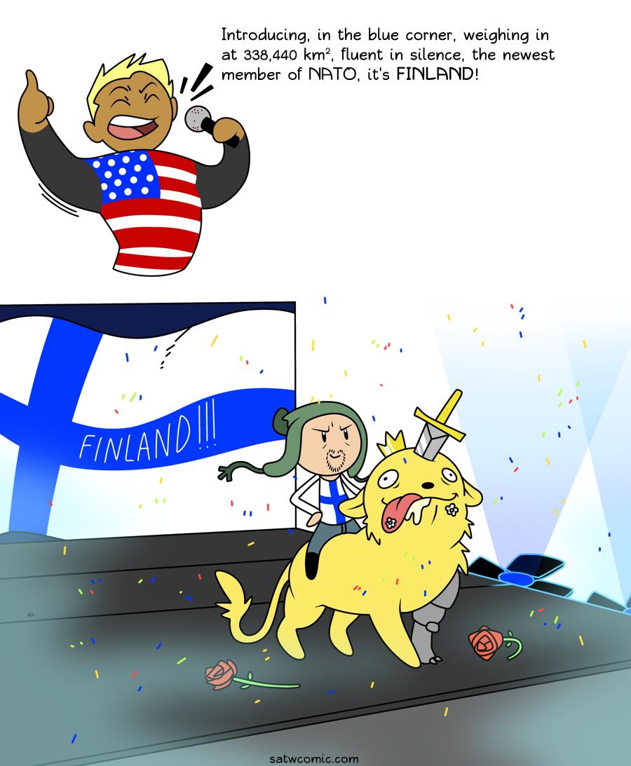 Introducing in the blue corner weighing in at 338420 k fluent in silence the newest mermber of NATO its FINLAND