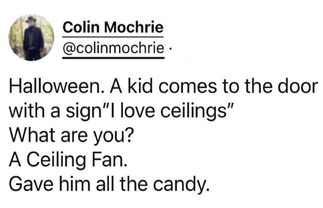Halloween. A kid comes to the door with a sign 