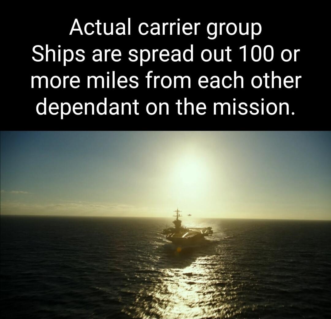 Actual carrier group Ships are spread out 100 or more miles from each other dependant on the mission.