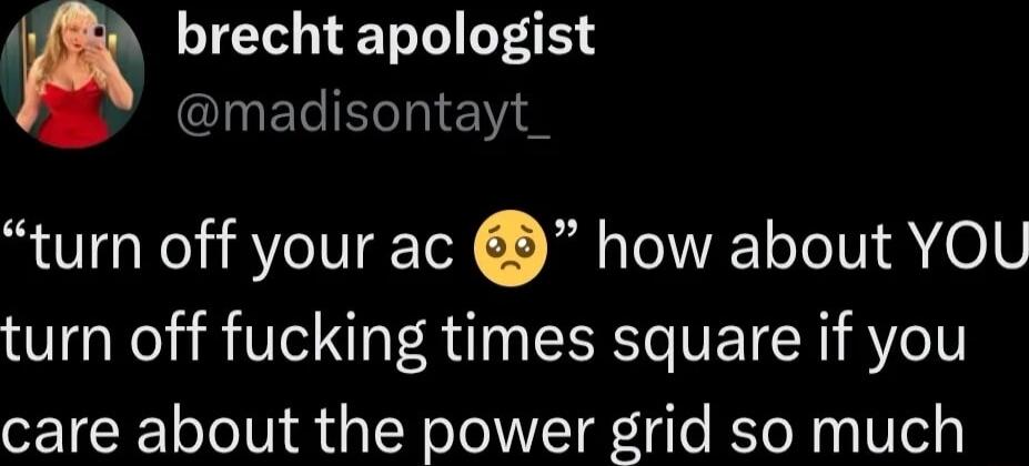 brecht apologist QINELINE turn off your ac how about YOU turn off fucking times square if you care about the power grid so much