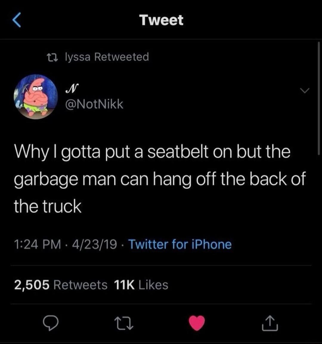 Why I gotta put a seatbelt on but the garbage man can hang off the back of the truck