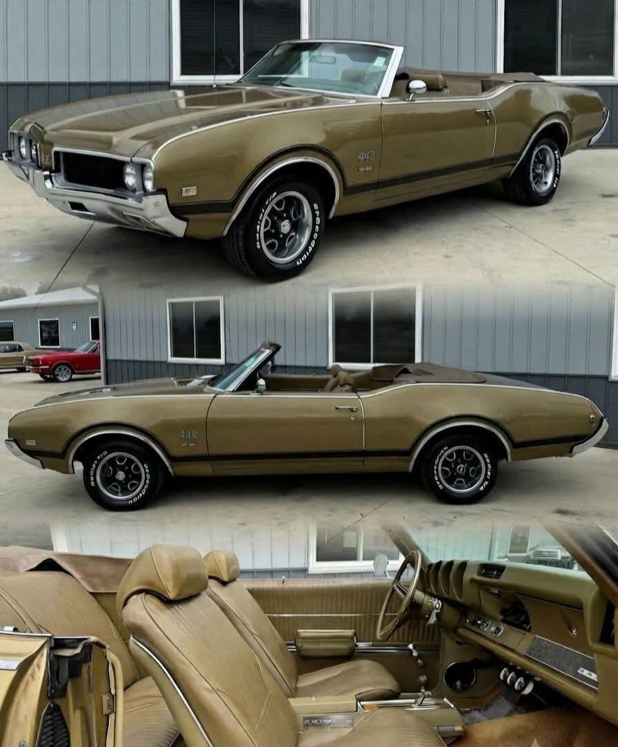 A classic Oldsmobile 442 W-40 convertible with BFGoodrich tires, shown from multiple angles including the exterior and interior.