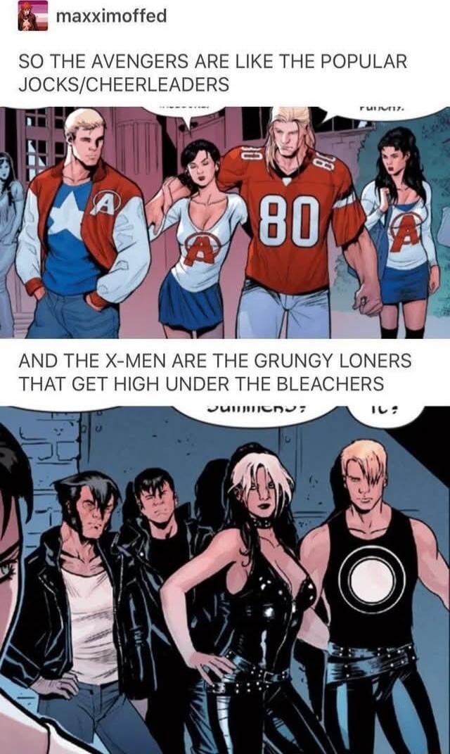 SO THE AVENGERS ARE LIKE THE POPULAR JOCKS/CHEERLEADERS

AND THE X-MEN ARE THE GRUNGY LONERS THAT GET HIGH UNDER THE BLEACHERS