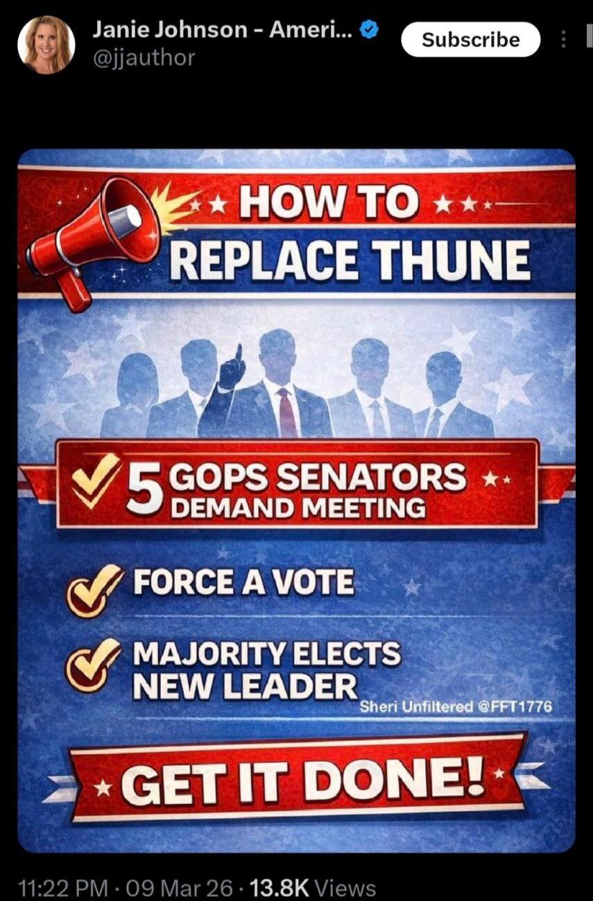 HOW TO REPLACE THUNE 5 GOPS SENATORS DEMAND MEETING FORCE A VOTE MAJORITY ELECTS NEW LEADER GET IT DONE!