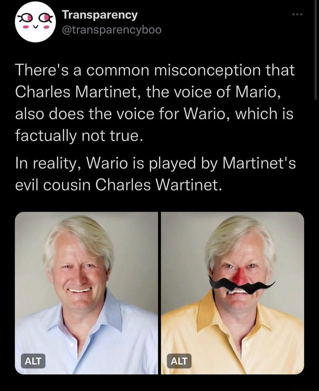 Transparency btransparencyboo Theres a common misconception that Charles Martinet the voice of Mario also does the voice for Wario which is factually not true N CETAAUETTRERo IV te N oAV ETa a1 89 evil cousin Charles Wartinet