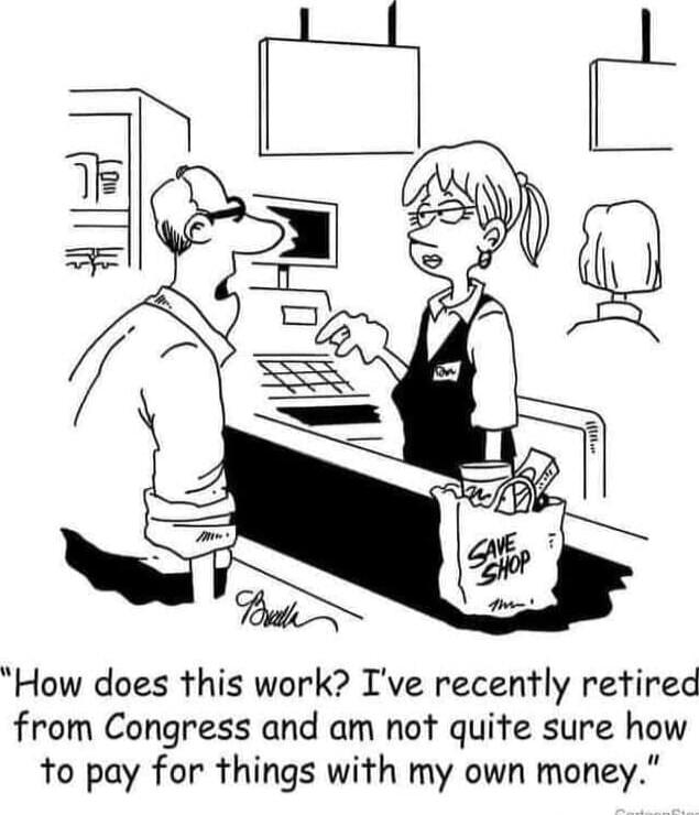 How does this work? I've recently retired from Congress and am not quite sure how to pay for things with my own money.

(Sack or bag labeled 'SAVE SHOP' visible on the counter.)