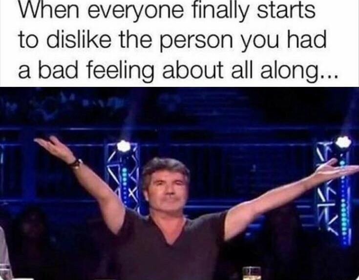 VWhen everyone tinally starts to dislike the person you had a bad feeling about all along