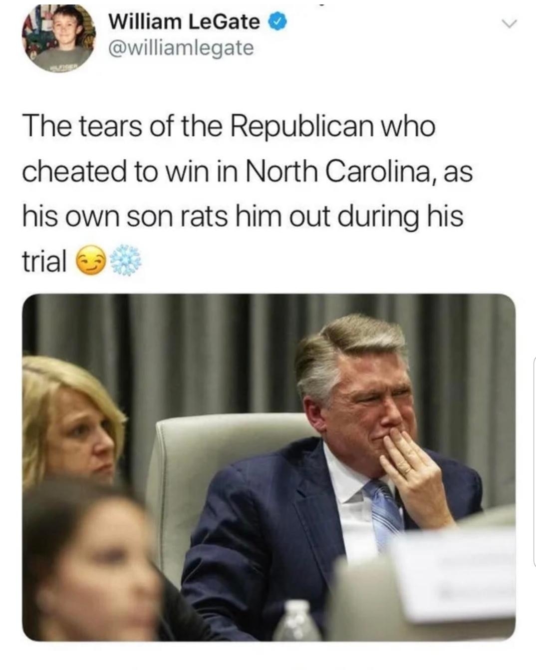 William LeGate williamlegate The tears of the Republican who cheated to win in North Carolina as his own son rats him out during his trial