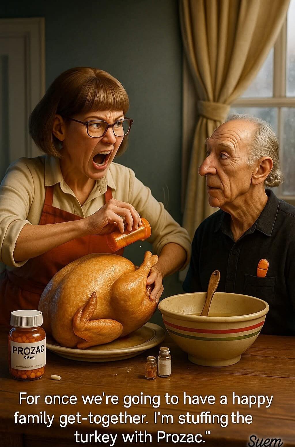 For once we're going to have a happy family get-together. I'm stuffing the turkey with Prozac.
