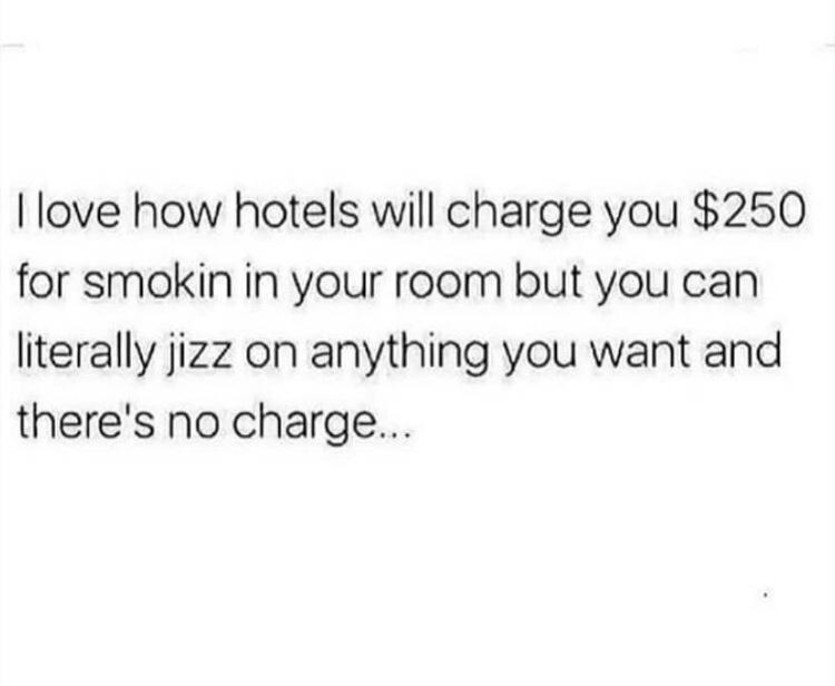 love how hotels will charge you 250 for smokin in your room but you can literally jizz on anything you want and theres no charge