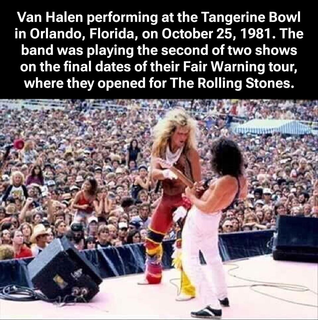 Van Halen performing at the Tangerine Bowl in Orlando, Florida, on October 25, 1981. The band was playing the second of two shows on the final dates of their Fair Warning tour, where they opened for The Rolling Stones.