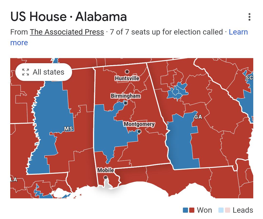 US House Alabama From The Associated Press 7 of 7 seats up for election called Learr mWon Leads