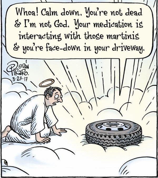 Whoa Calm down Youre not dead Im ot God Your medication 1 nteracting with thode martinig yore face down tn your driveway