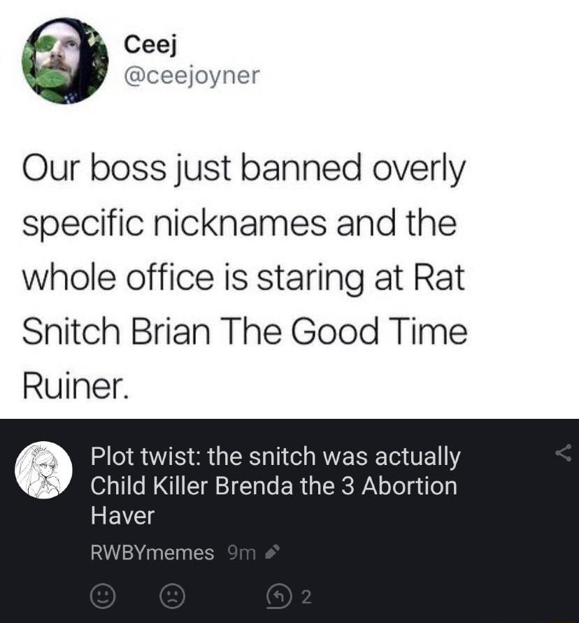 Ceej Jj ceejoyner Our boss just banned overly specific nicknames and the whole office is staring at Rat Snitch Brian The Good Time Ruiner Plot twist the snitch was actually Child Killer Brenda the 3 Abortion Haver UM UEINES